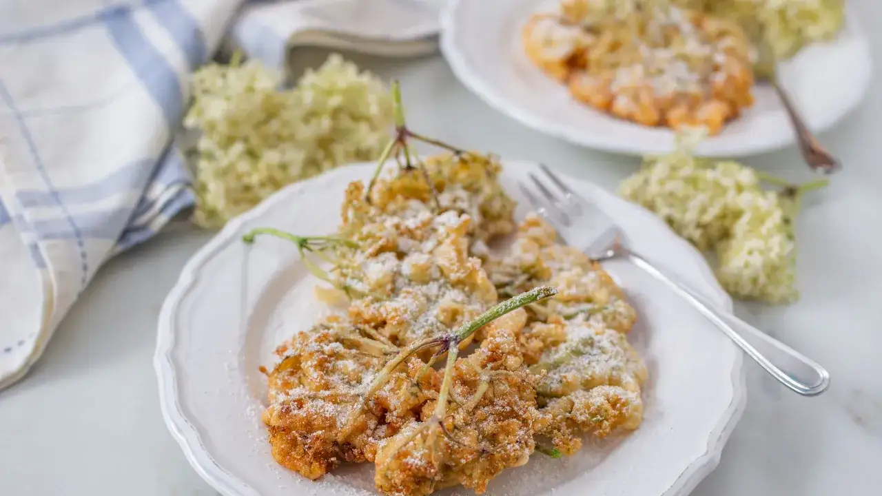 Fiori di sambuco fritti e spolverati di zucchero a velo su un piatto bianco, con un tovagliolo a quadretti blu sullo sfondo.