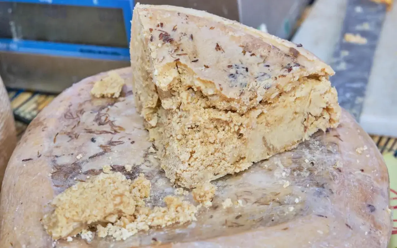 Formaggio stagionato con inclusioni scure, forse erbe o spezie. La sua consistenza friabile ricorda il formaggio con i vermi, una prelibatezza per intenditori.