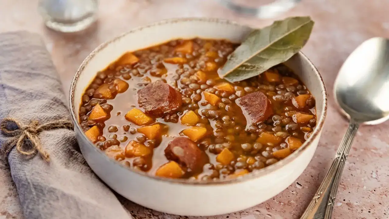 Piatto fumante di lenticchie con pezzi di salsiccia e zucca, guarnito con una foglia di alloro. Nonostante la leggenda che le lenticchie fanno ingrassare, questo piatto sembra delizioso e confortante.