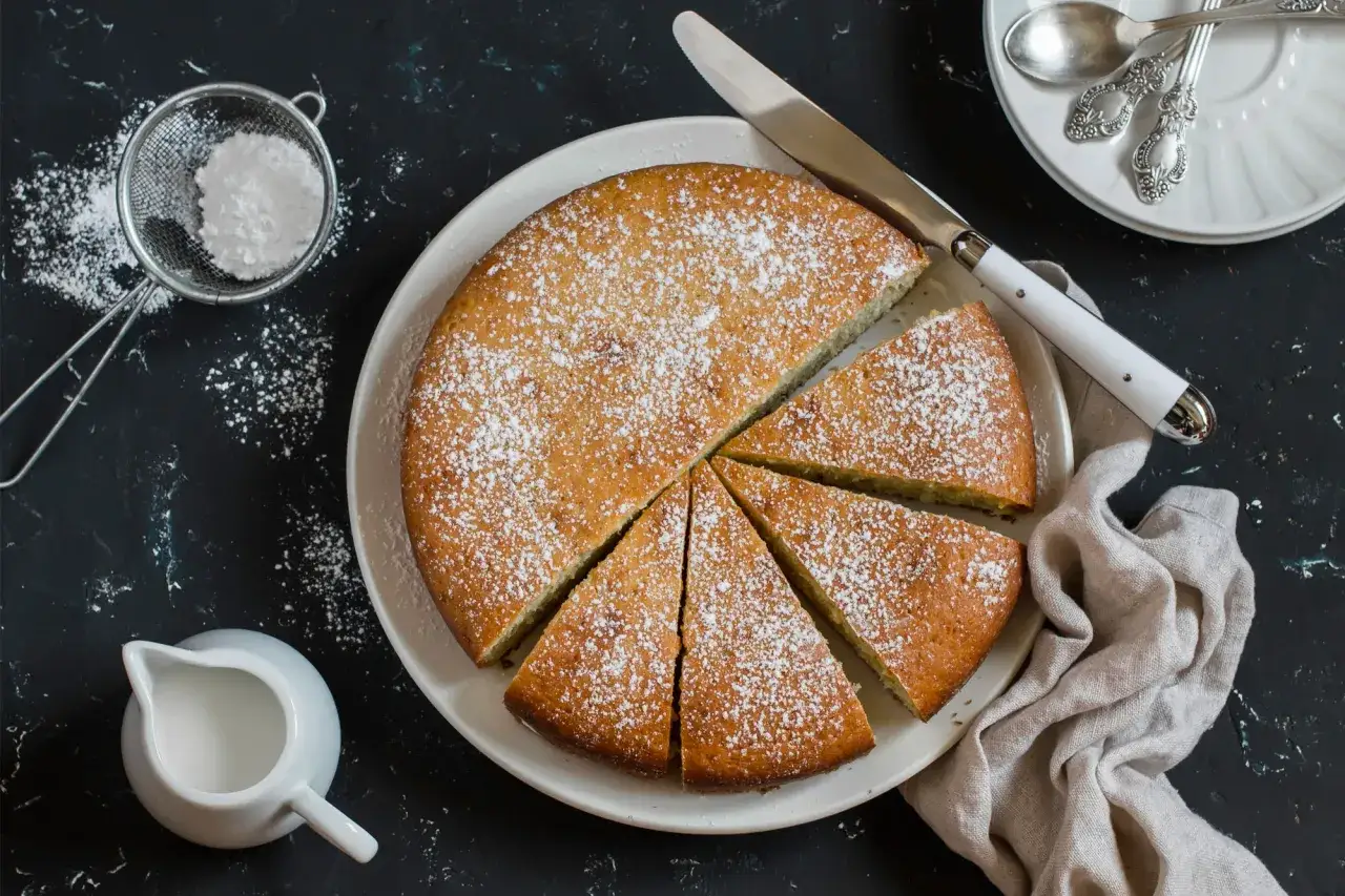 Torta soffice cosparsa di zucchero a velo, preparata con bicarbonato al posto del lievito. Servita su un piatto bianco con un coltello, un colino e una piccola brocca di latte.
