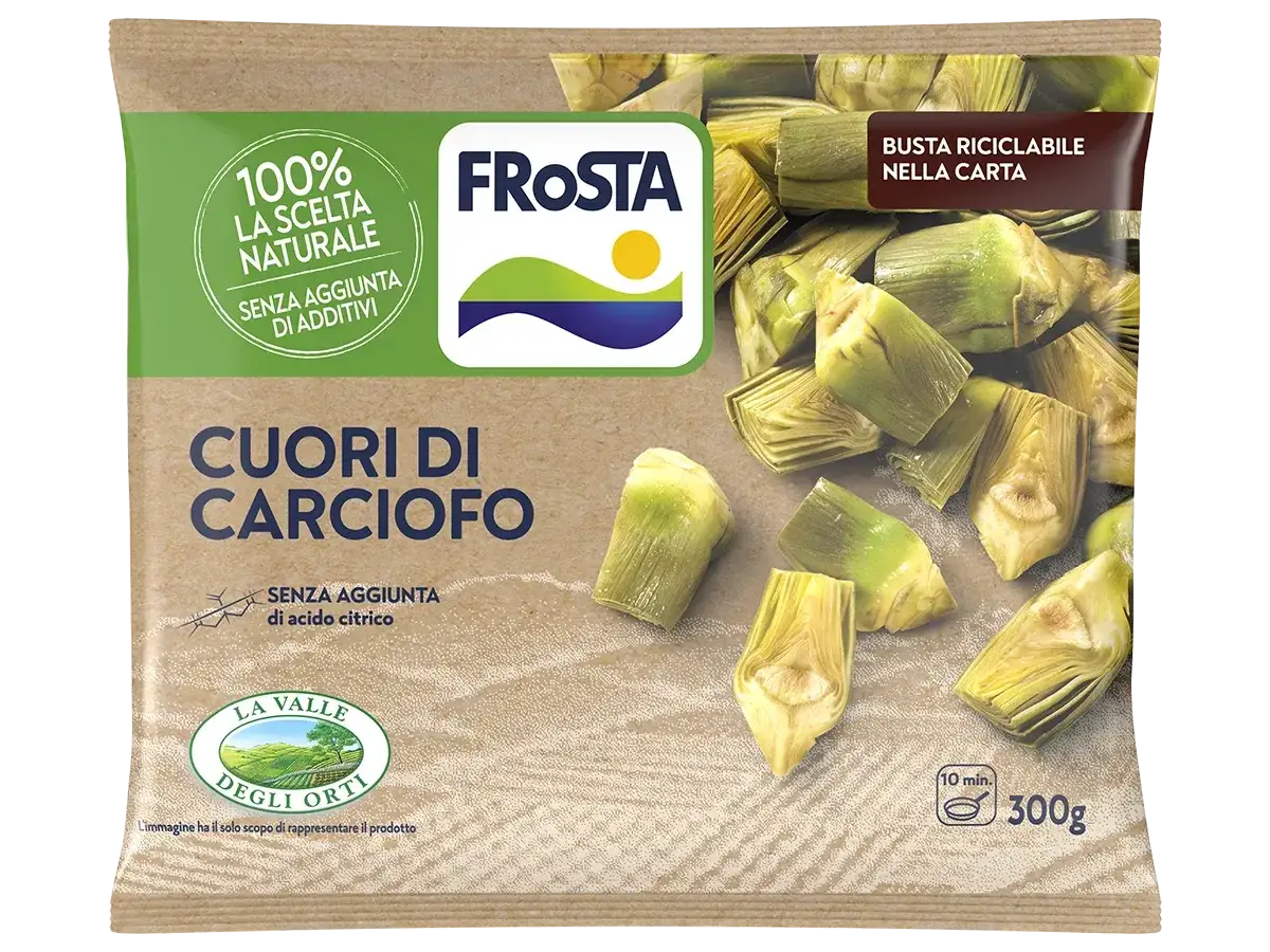 Cuori di carciofo surgelati Frosta, 100% naturali, senza additivi. Ideali per preparare gustosi piatti, scopri come congelare i carciofi per averli sempre pronti.