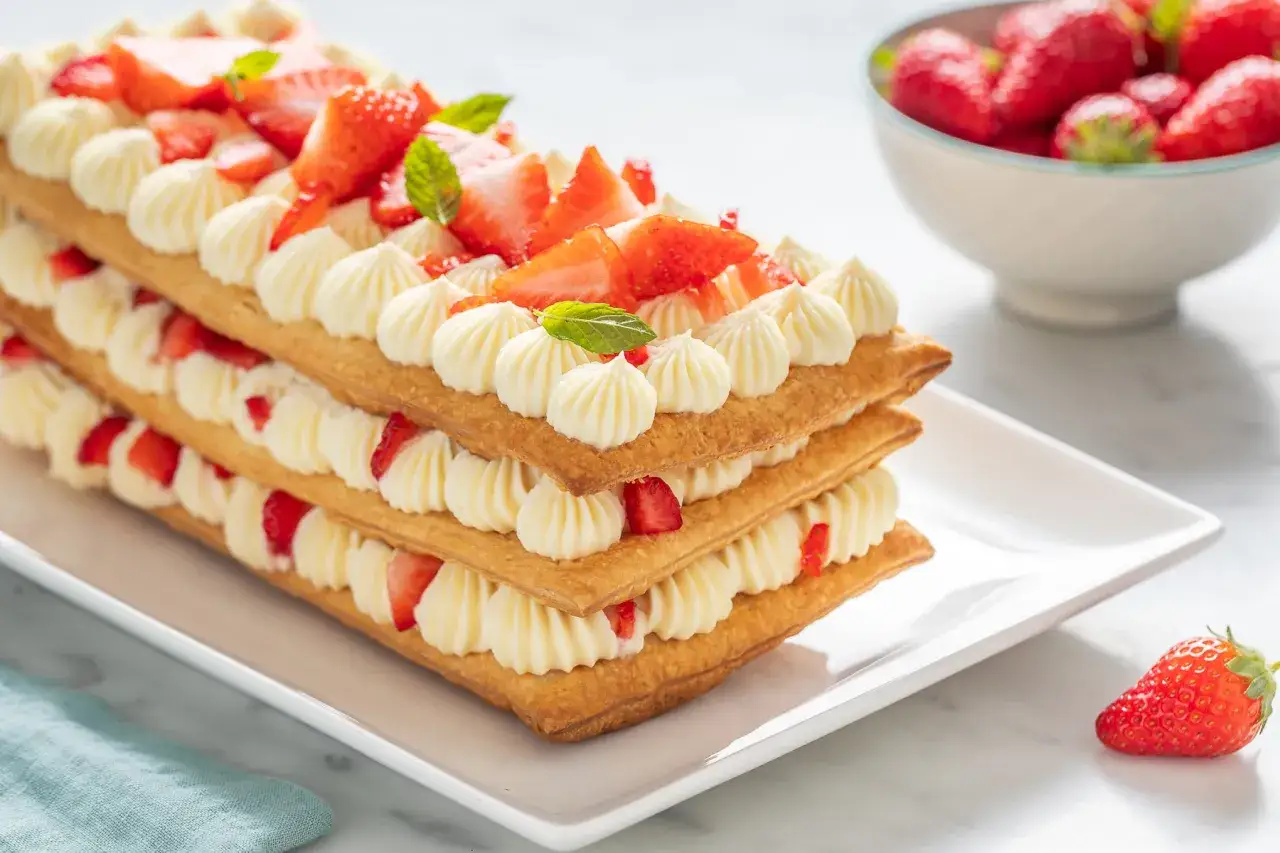 Deliziosi dolci con fragole e crema, stratificati su sfoglia croccante, guarniti con fragole fresche e menta.
