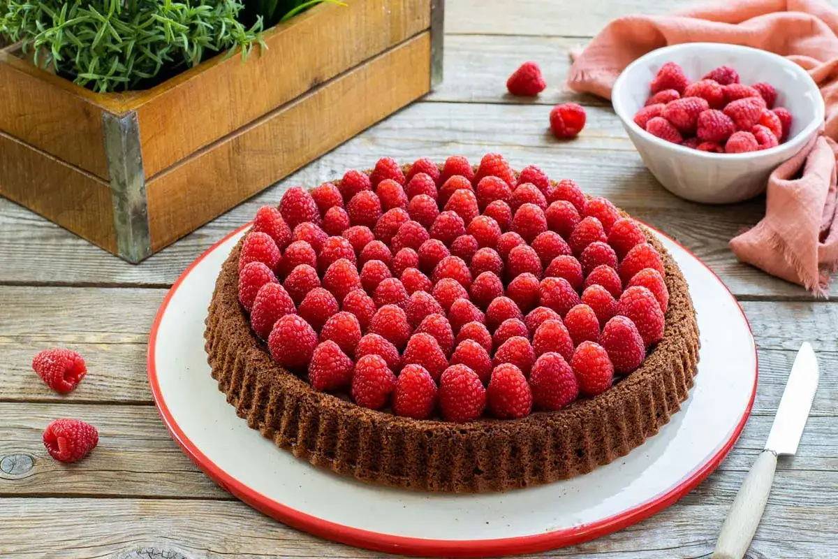 Una crostata morbida al cioccolato, ricoperta da lamponi freschi, pronta per essere gustata.