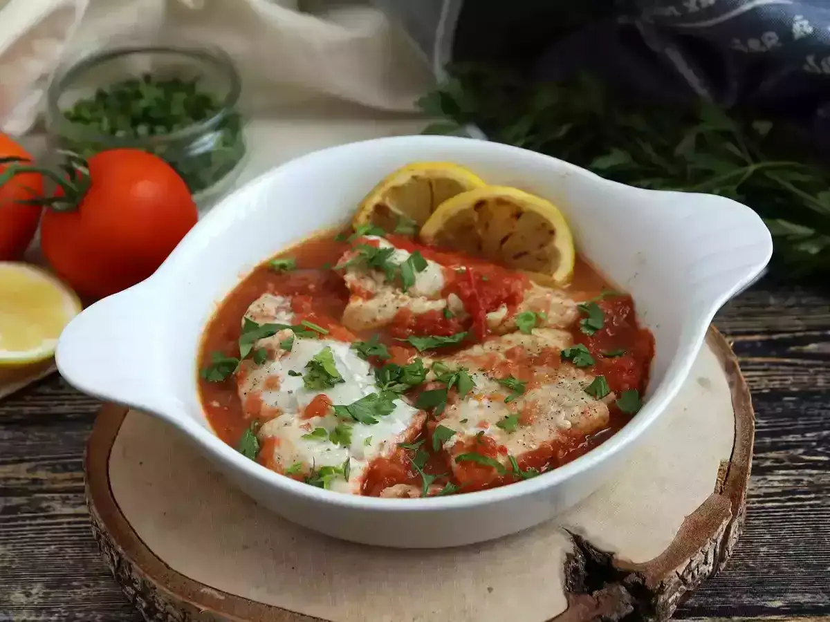 Filetti di merluzzo in padella con pomodoro e limone, guarniti con prezzemolo fresco. Un piatto saporito e leggero.