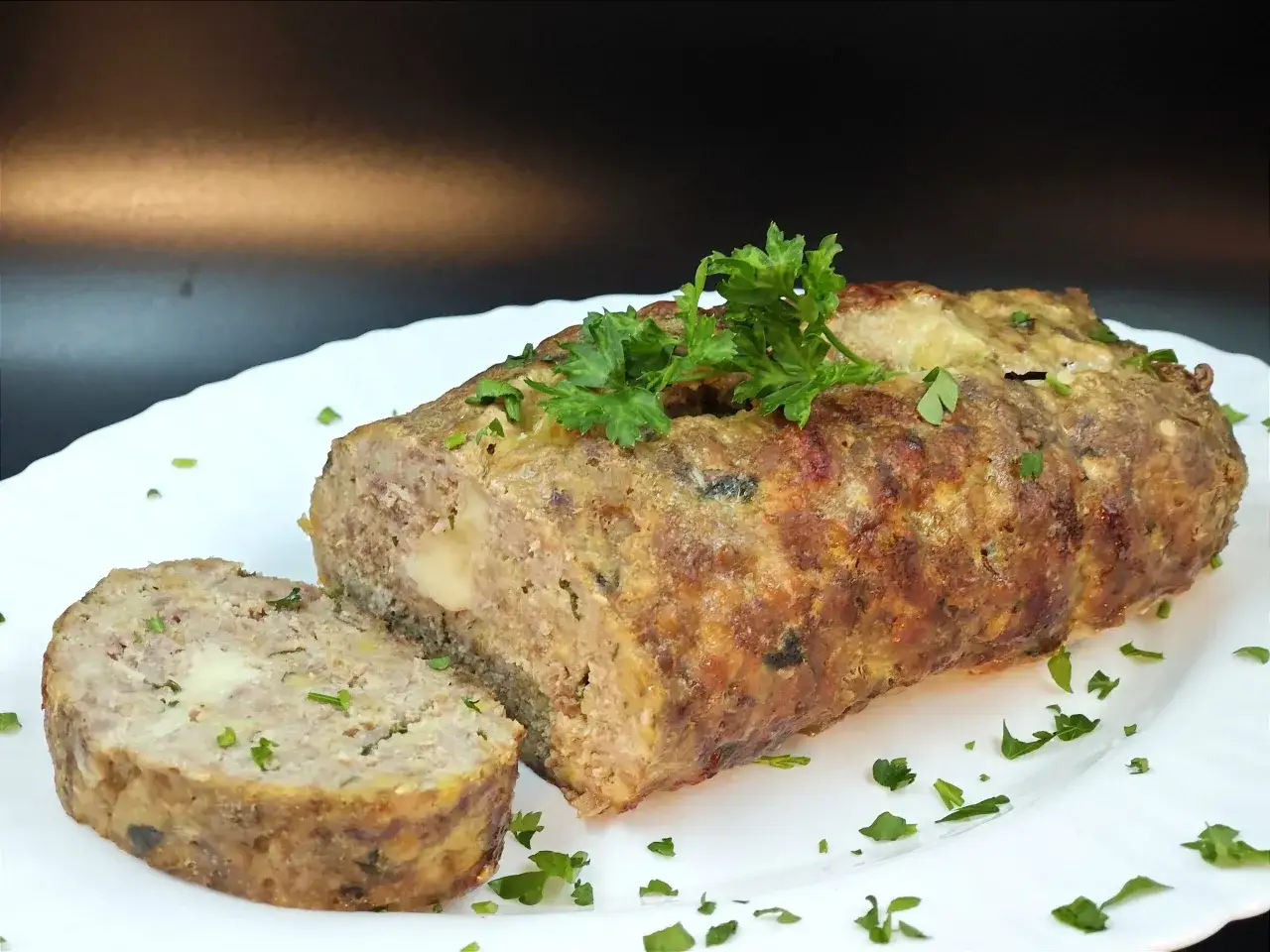 Polpettone succulento in friggitrice ad aria, con un cuore filante di formaggio e guarnito con prezzemolo fresco.