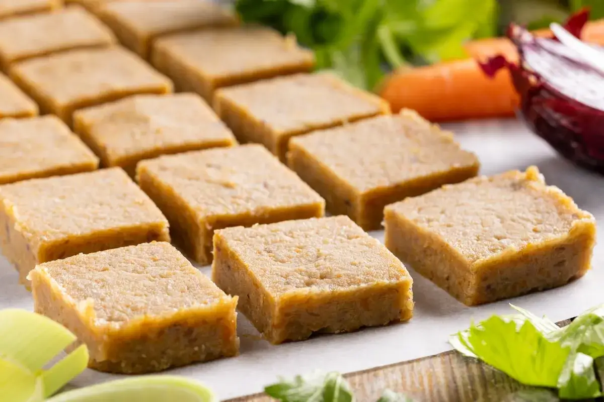 Cubetti di brodo vegetale fatti in casa, pronti per preparare un saporito brodo vegetale. Ingredienti freschi sullo sfondo.