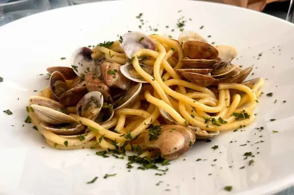 Spaghetti con lupini di mare, un piatto di pasta fresca condita con molluschi e prezzemolo tritato, servito su un piatto bianco.
