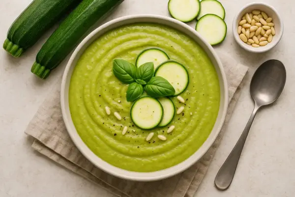 Vellutata di zucchine cremosa, guarnita con fette di zucchina, basilico e pinoli. Accanto, zucchine fresche e un cucchiaio.