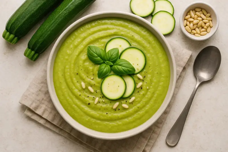 Vellutata di zucchine cremosa, guarnita con fette di zucchina, basilico e pinoli. Accanto, zucchine fresche e un cucchiaio.